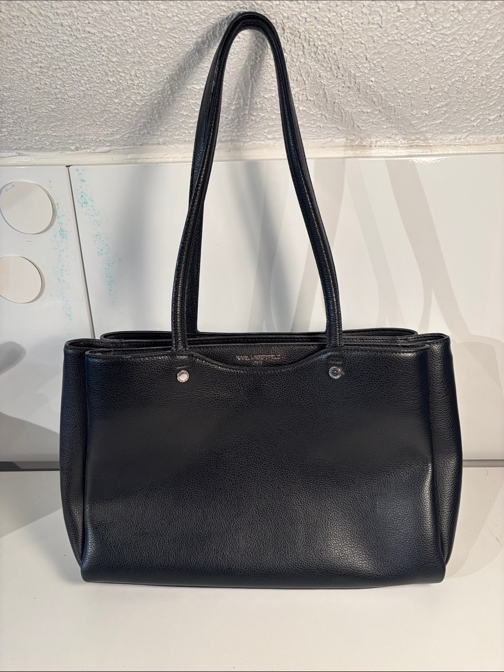Karl Lagerfeld Black Pebbled Leather Tote with Long Straps